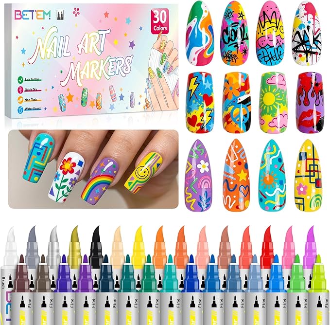 Betem Nail Art Pens Set, Dual Tip 30 Colors Nails Art Markers Non-Toxic, Quick-drying Nail Polish Pens, Acrylic Nail Kit for Home & Salon DIY, Easy French Manicure Tool, Gifts for Mom, Friends