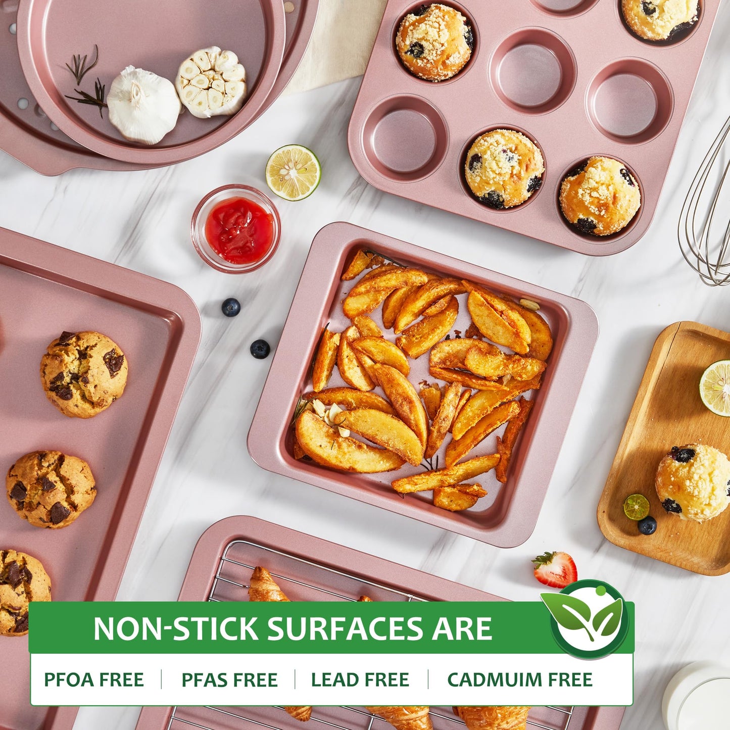 HONGBAKE Bakeware Sets, Baking Pans Set, Nonstick Oven Pan for Kitchen with Wider Grips, 10-Piece Including Rack, Cookie Sheet, Cake Pans, Loaf Pan, Muffin Pan, Pizza Pan - Pink