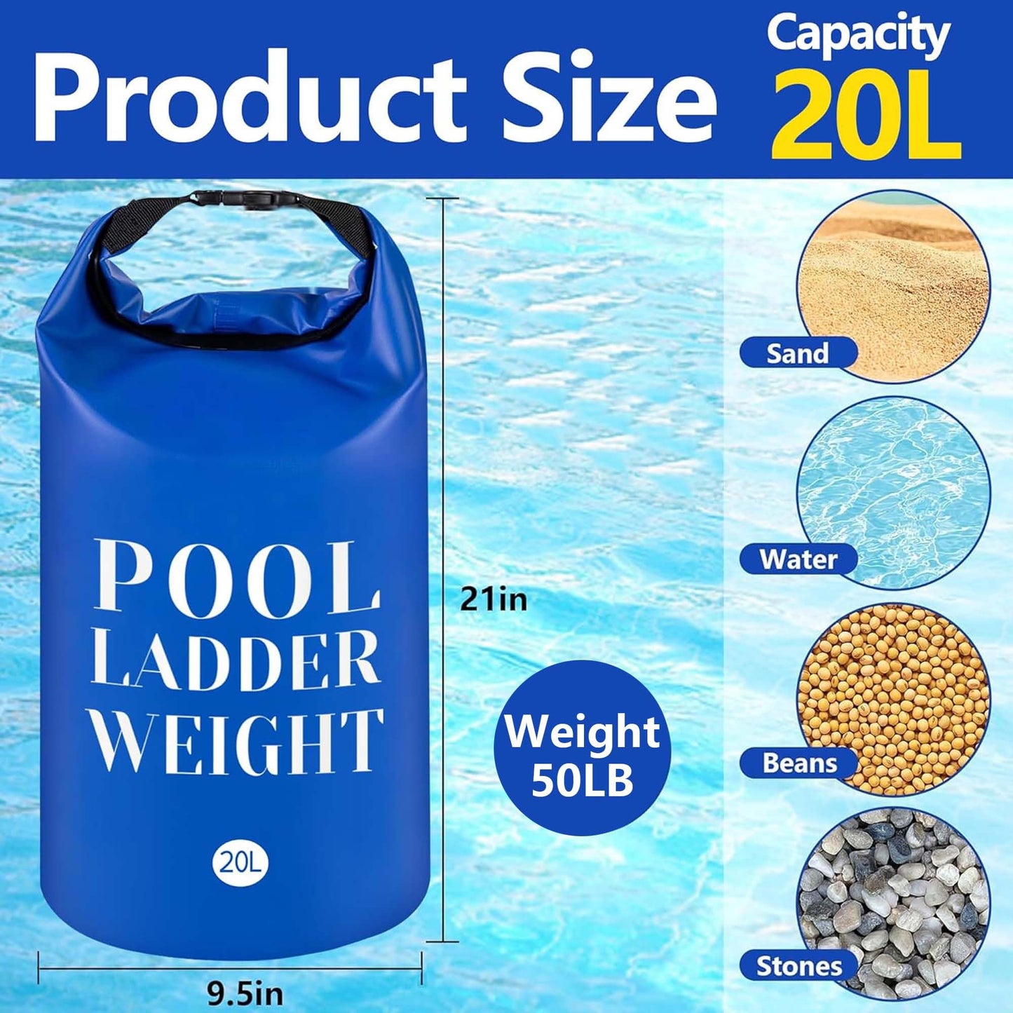 20L/50LB 500D PVC Swimming Pool Ladder Weights- 2 Pcs Waterproof Pool Step Weight Sand Bags- Fillable Pool Stair Weight Anchor Bag with Heavy-Duty Handle for Pool Steps