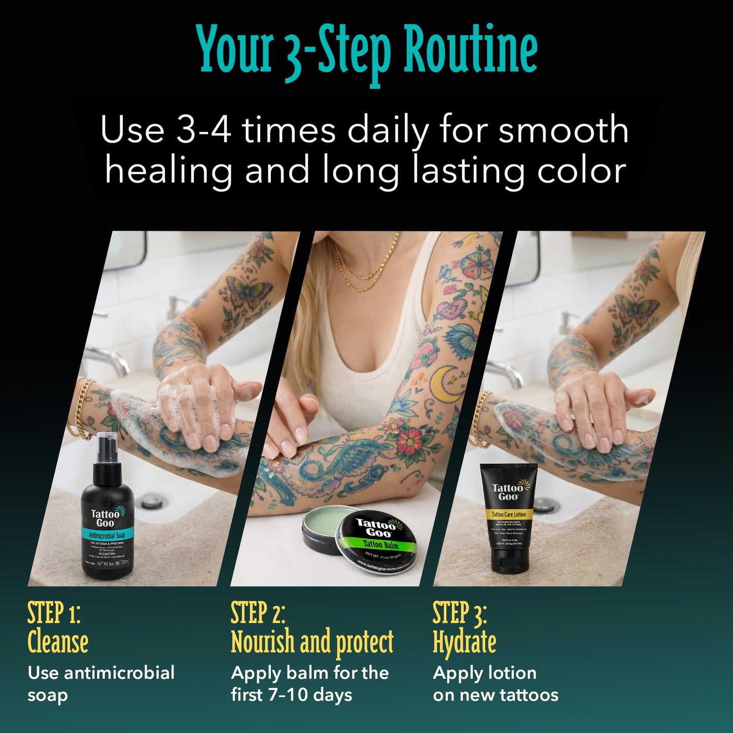 Tattoo Goo Aftercare Kit Includes Antimicrobial Soap, Balm, and Lotion, Tattoo Care for Color Enhancement + Quick Healing - Cruelty-Free, Petroleum-Free, Tattoo Artist Gifts (3 Piece Set)