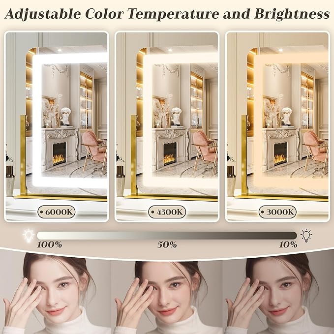 ROLOVE Gold Vanity Mirror with Lights - Smart Touch Dimming, 3-Color Lighting, 360° Rotatable Desktop Makeup Mirror for Desk, 22"x17"