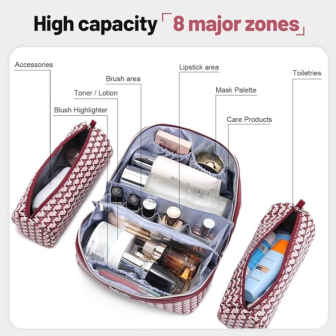 BOYATU Travel Makeup Bag Cosmetic Bags for Women: Large Capacity 3 Pcs Set Make up Bag with Compartments - Waterproof Vegan Leather Toiletry Organizer Bags with Handle (M-78Red)