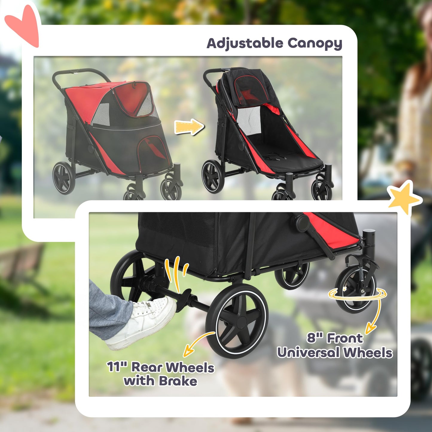 PawHut Dog Stroller for Large Medium Small Dogs up to 66 Lbs. 23.5" in Body Length, One-Click Foldable Pet Cat Stroller with Storage, Shock Absorption Wheels, Mesh Window, Safety Leash, Red