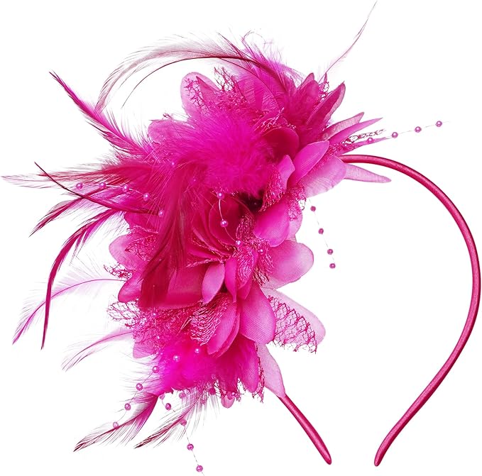 Womens Fascinators Hats Tea Party Hats for Women, Feather Pearl Veil Headband for Wedding Cocktail Dresses Accessories