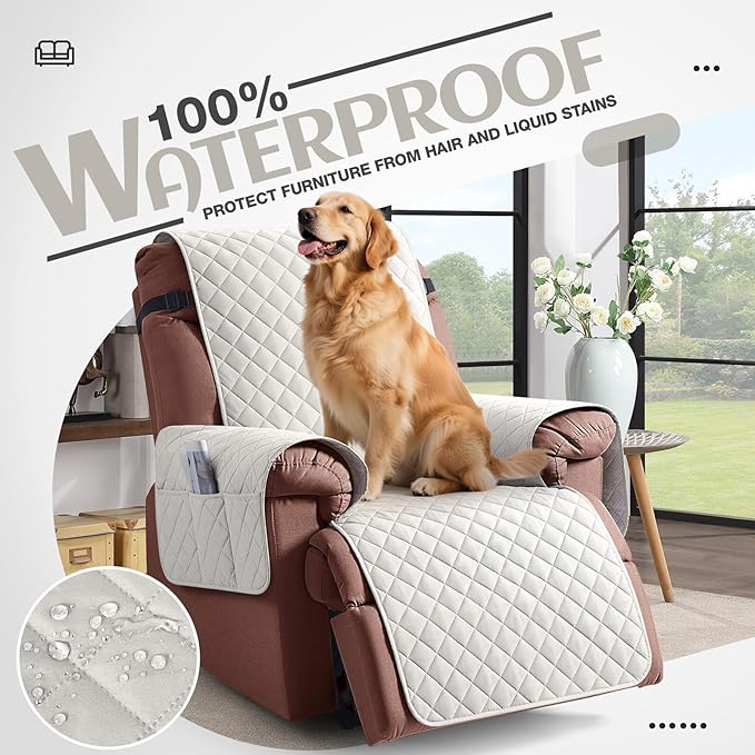 KinCam 100% Waterproof Recliner Chair Cover, Reclining Couch Covers for Pets, Dogs, Recliner Couch Slipcover Furniture Protector with Elastic Straps for Kids(23.6", Beige White)