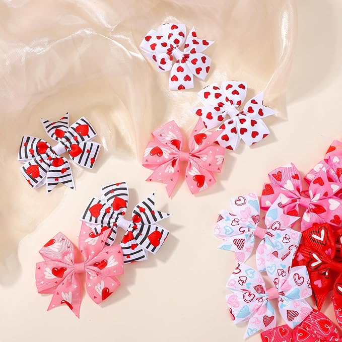 choicbaby 20pcs Valentines Hair Bows Toddler Girls Hair Clips 3＂Grosgrain Ribbon Baby Bow Clips Valentines Love Heart Pattern Bows with Alligator Clips Hair Accessories for Toddler Girls Baby Kids
