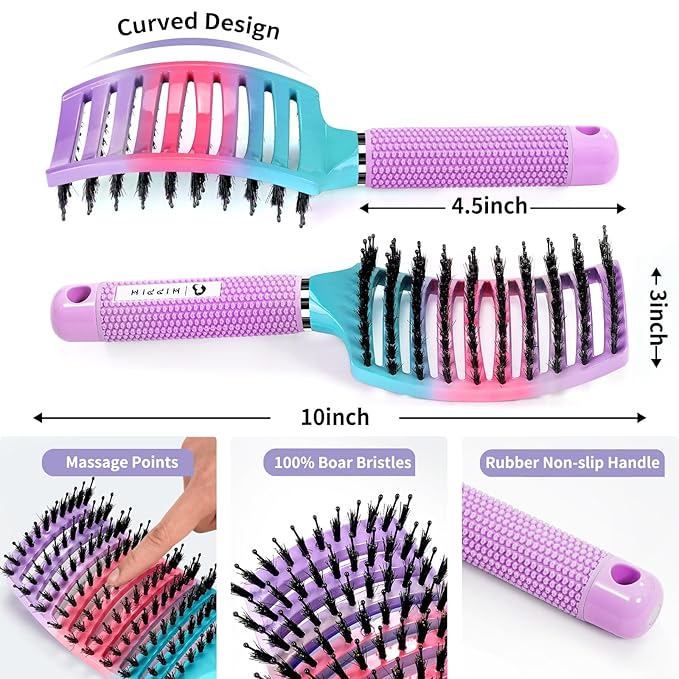 Boar Bristle Hair Brush Set of 2, HIPPIH Wet & Dry Hair Brushes Made by Fine Natural Boar Hair Can Adds Shine and Smoothing, Detangling Hairbrush for Women, Men & Kids' Long Curly Thick Hair