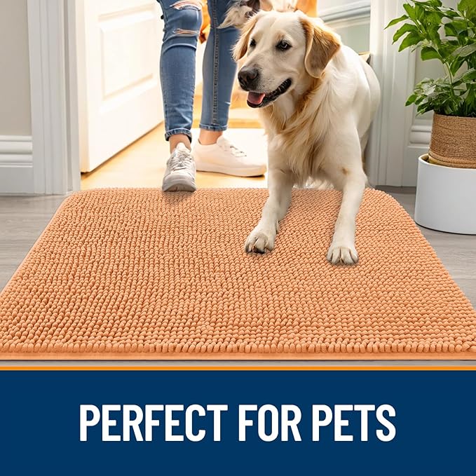 OLANLY Dog Door Mat for Muddy Paws 54x32, Absorbs Moisture and Dirt, Absorbent Non-Slip Washable Doormat, Quick Dry Chenille Mud Mat for Dogs, Entry Indoor Entryway Carpet for Inside Floor, Orange