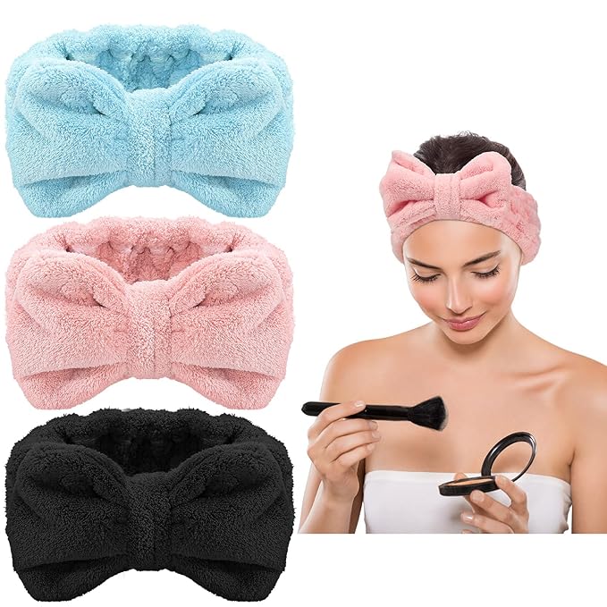 3 Pieces Towel Headbands for Women Makeup Headband for Washing Face Makeup Spa, Microfiber Bowtie Shower Hairband for Women (Pink, Blue, Black)