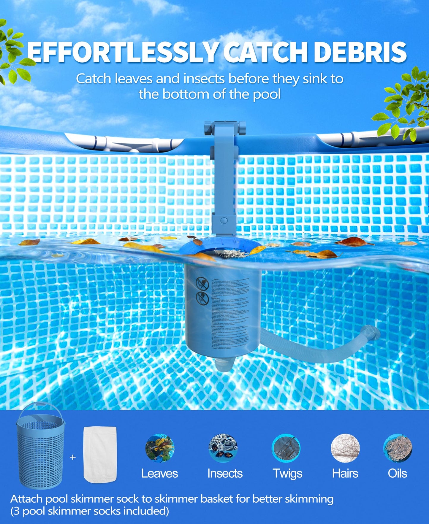 DeeprClean Upgrade Above Ground Pool Skimmer Comes with 3 Socks, Anti-tilt Wall Mount Surface Skimmer, Removable Skimmer Basket, Adjustable Height Bracket, Auto Skimming Pool Surface Leaves - Blue
