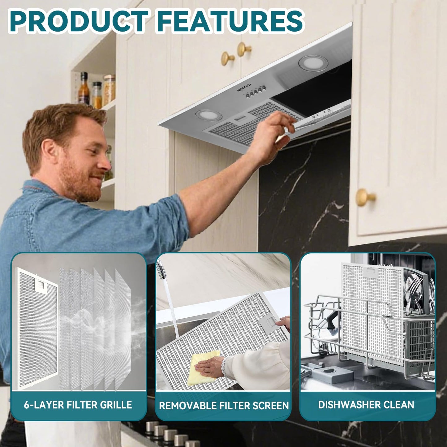 400CFM Built-In/Insert Range Hood 24 Inch - Convertible Ducted/Ductless Kitchen Vent with 3-Speed, 2×3W LED Lights & 6-Layer Grease Filters