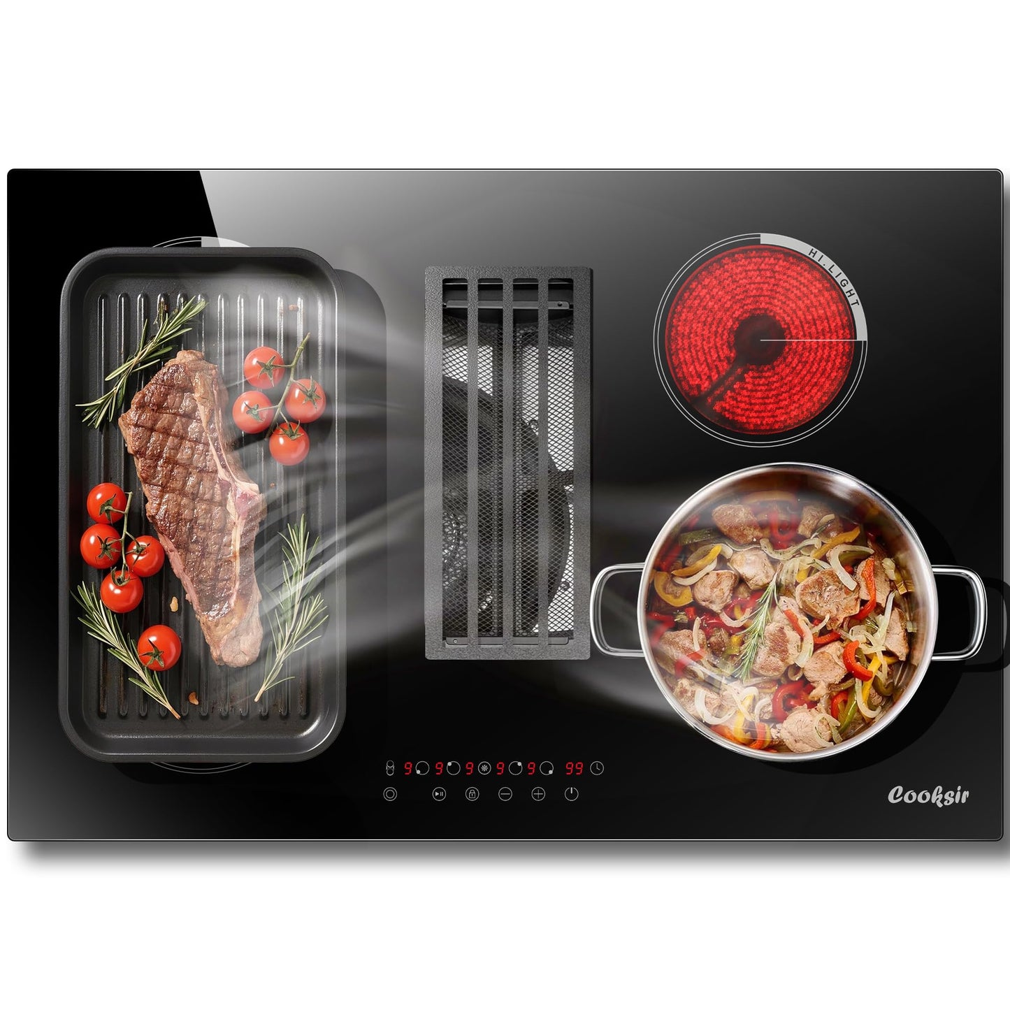 Cooksir 30 Inch Electric Cooktop with Ductless Downdraft - 4 Burner Built-in Stove 7400W, 30" Electric Stove Downdraft Range Hood 135W, Timer, Safety Lock, 220V Hard Wired, Recirculating Air Vent