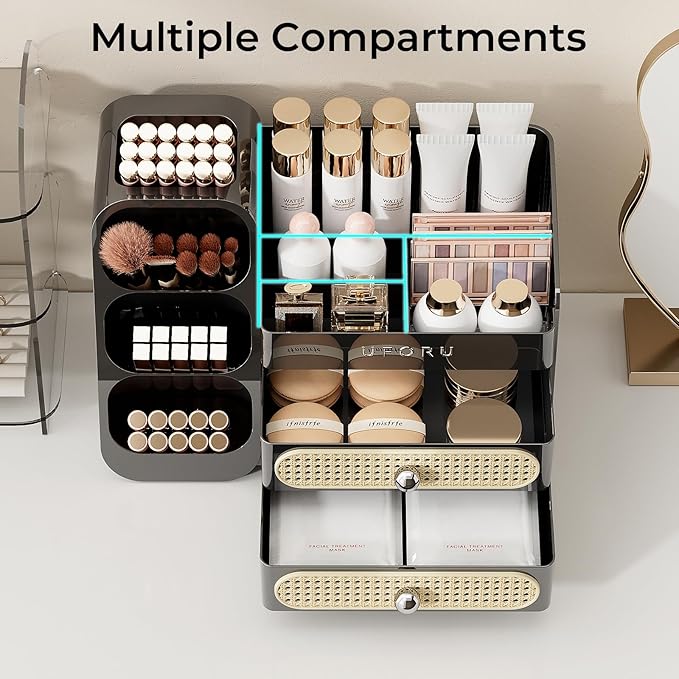 Makeup Organizer for Vanity with Brush Holder, Countertop Skincare Organizer with 2 Drawers, Spacious Cosmetic Display Case for Perfumes, Eyeshadow Palettes, Nail Polishes, Black