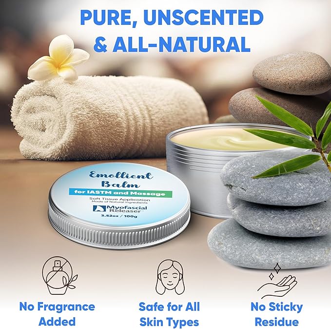 Myofascial Releaser Emollient Balm for IASTM & Gua Sha – Non-Greasy Massage Balm for Tool Glide and Bodywork – Natural, Hypoallergenic, Unscented Massage Balm Alternative to Oil (100g)