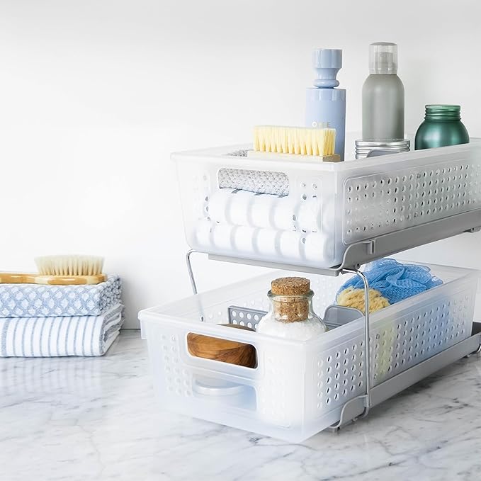 madesmart 2 Tier Bath Organizer, Undersink Storage with Sliding Drawers, for Cleaning Supplies, Pantry, Sponges, Bottles & Kitchen Essentials, Adjustable Dividers & Pull Out Sliding Baskets, Frost