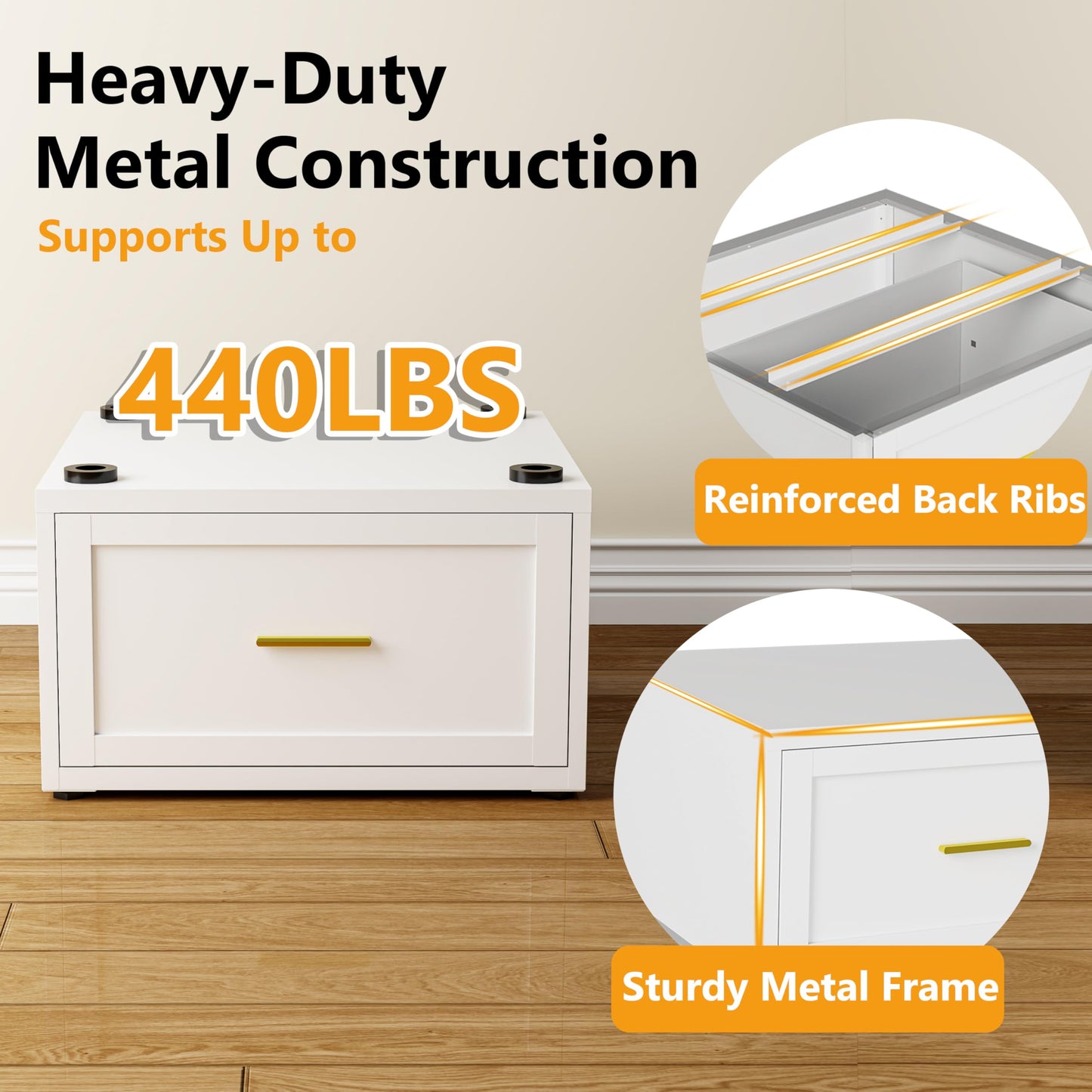 Laundry Pedestal Heavy Duty Metal Washer and Dryer Pedestals, 16"H Universal Fit Washer Stand Base, Washing Machine Stand with Storage Drawer, 440lbs Mini Fridge Stand, (White, 1PCS)