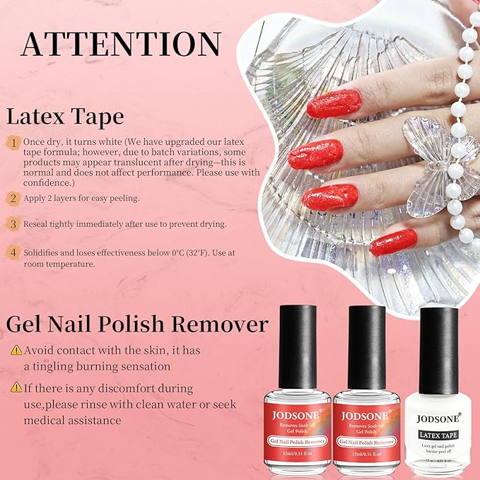 JODSONE Gel Nail Polish Remover Kit 2Pcs Gel Remover 1Pc Latex Tape Liquid Professional Soak Off Gel Nail Removal Set for Nail Art Manicure Pedicure at Home Includes Sanding Strips and Steel Pushers