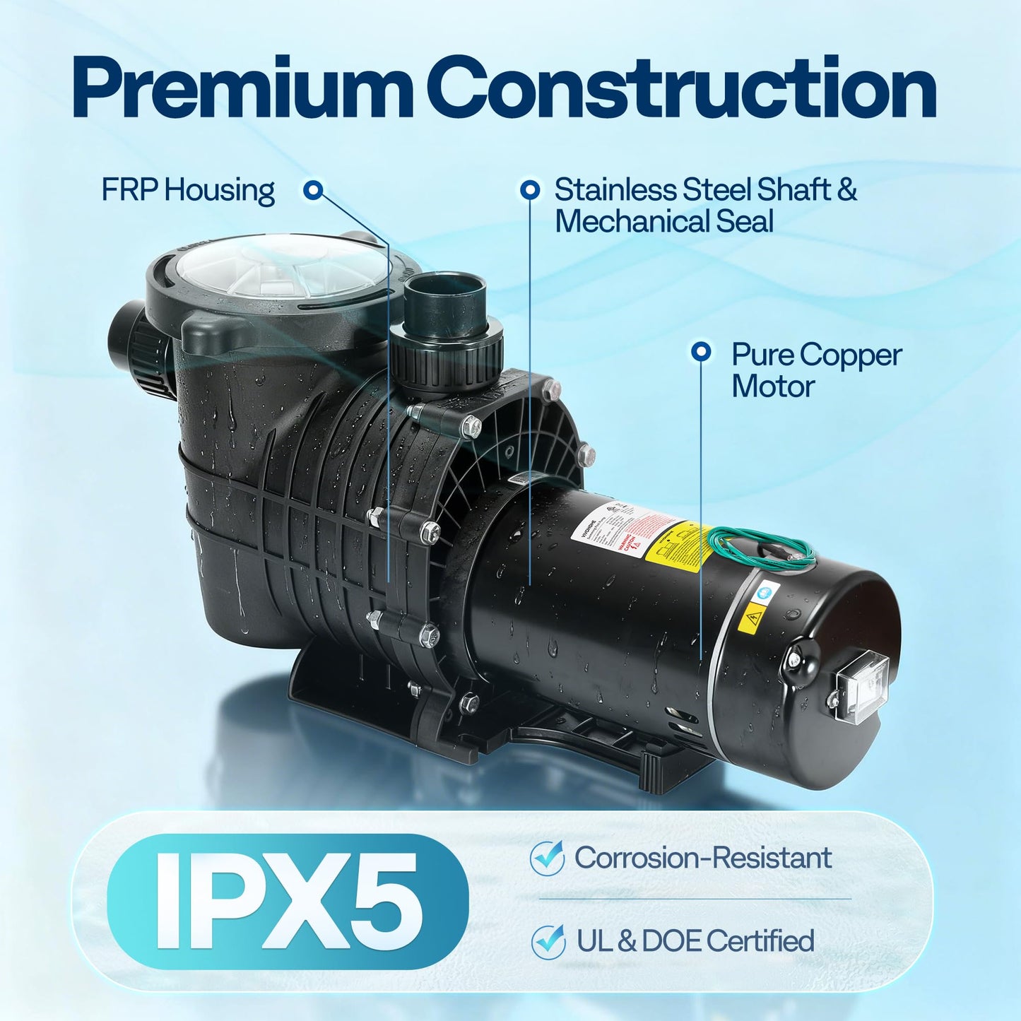 VIVOHOME 2.0HP Pool Pump - 115V/230V Self-Priming Motor - In-Ground/Above Ground - 6800GPH Energy Efficient - 1.5", 2", and 1.25"-1.5" Connectors w/Strainer Basket