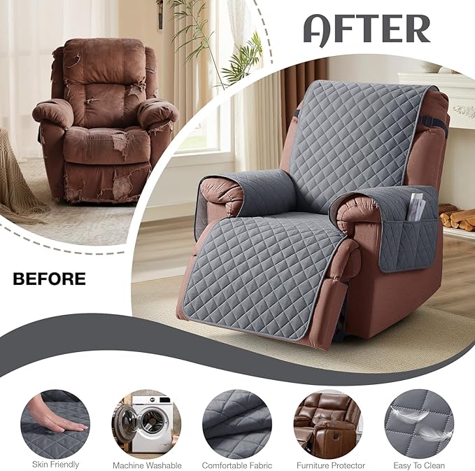 KinCam 100% Waterproof Recliner Chair Cover, Reclining Couch Covers for Pets, Dogs, Recliner Couch Slipcover Furniture Protector with Elastic Straps for Kids(25", Dark Gray)