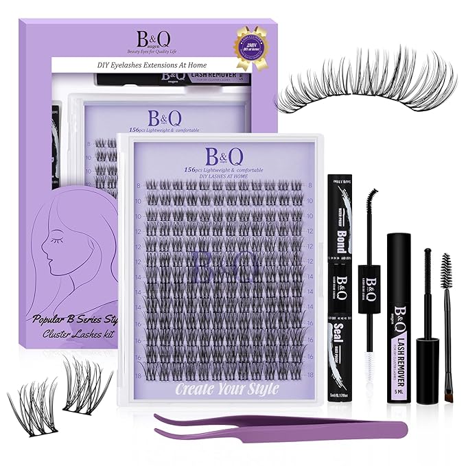 B&Q Wispy Lash Clusters Kit B49, DIY Lash Extension Kit 156PCS Eyelash Extension Kit, Soft Natural Lash Clusters 8-18MIX D Curl Lash cluster, Thin Black Band Cluster Eyelash Extensions (B49 Set)