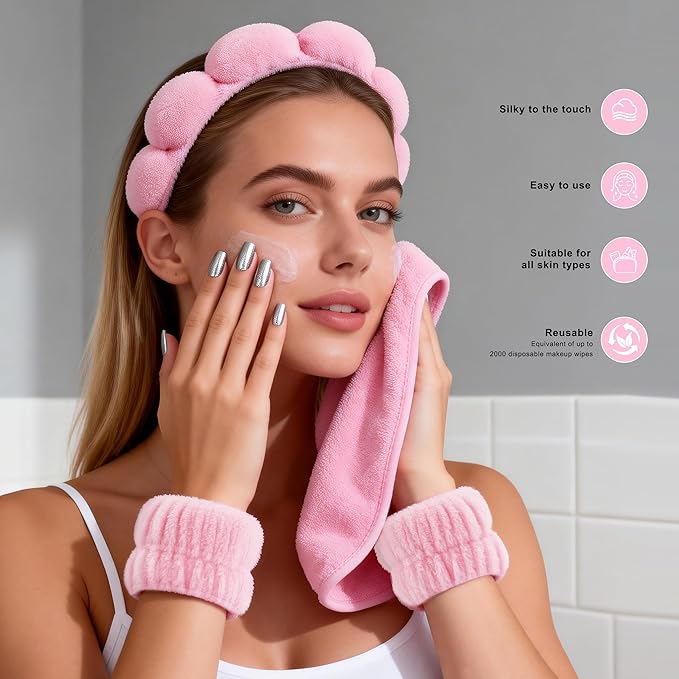 Real Perfection Spa Headband for Washing Face, Skincare Headband Wristband Set for Women, Reusable Machine-Washable Makeup Remover Towel Cloth, 1oz Small Spray Bottle with Travel Makeup Bag - Pink