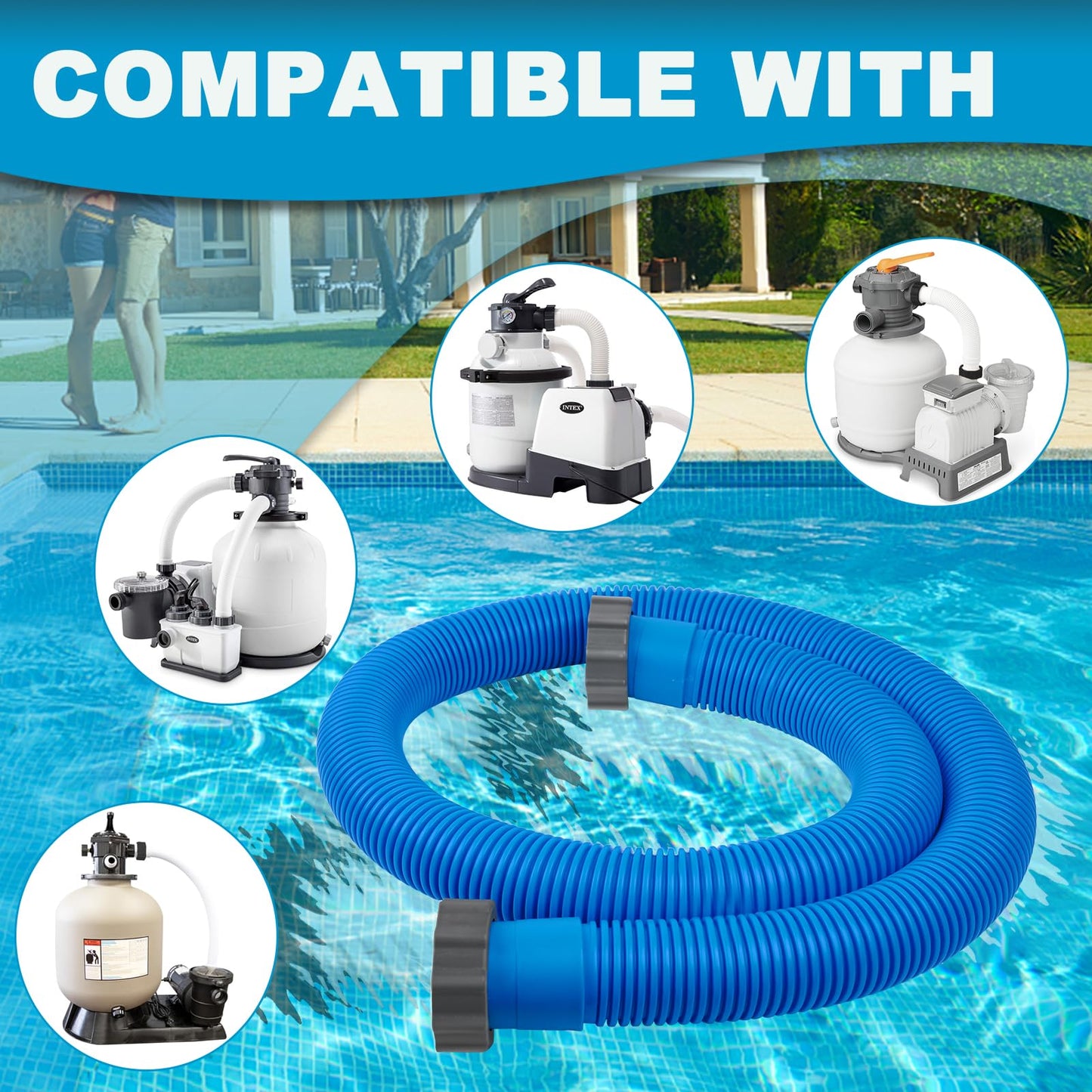 2 Pcs 1.5 Inch Hoses for Above Ground Pools - 1 1/2 Inch Diameter, 59" Long Pump Hose Replacement Filter Accessories