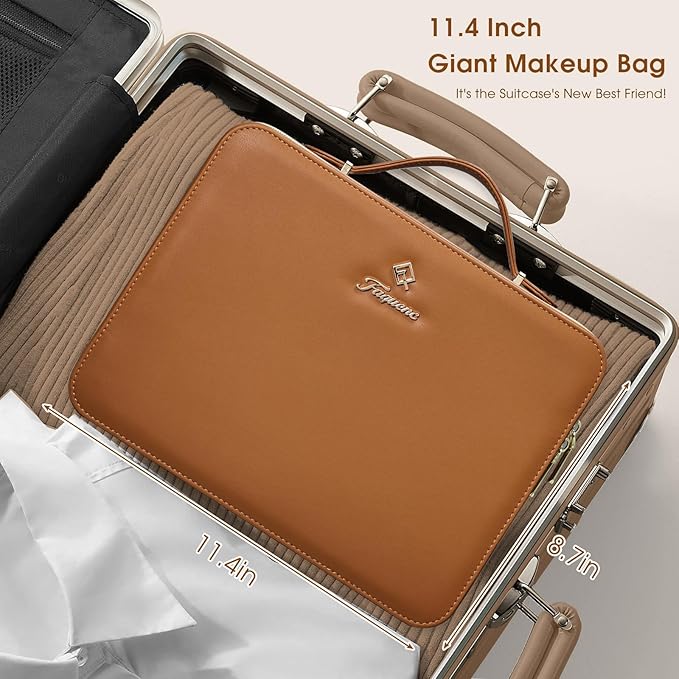 Faquenc Leather Makeup Case with LED Lighted Mirror 11.4 Inch Travel Makeup Bag Adjustable Brightness in 3 Colors Cosmetic Organizer Artist Storage Bag with Dividers Brush Holder Bag Vanity Brown
