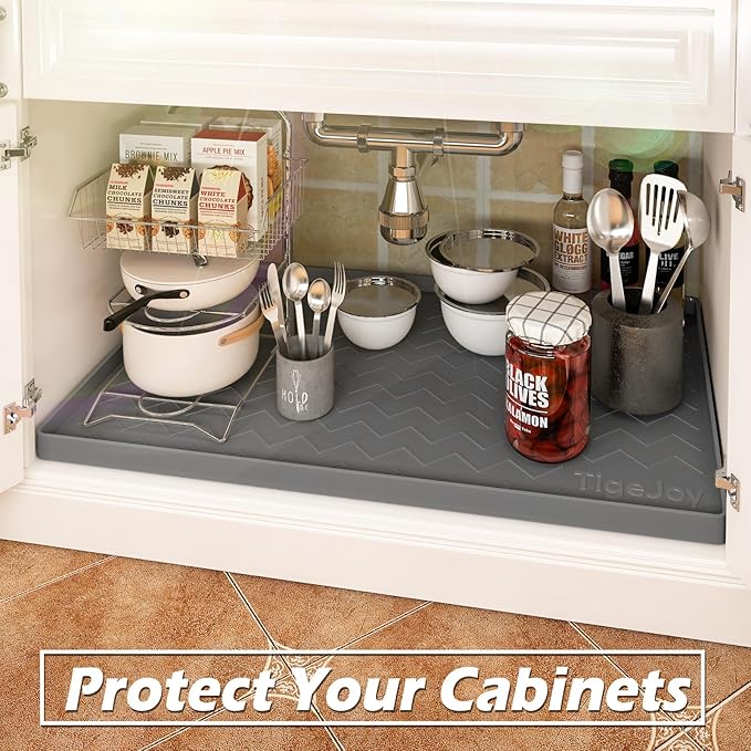 TigeJoy Under Sink Mat 28" x 22", Silicone Mats in Kitchen Bathroom Organizers and Storage, Waterproof Protector for Drawer Shelf and Cabinet Liner, Flexible Drip Tray