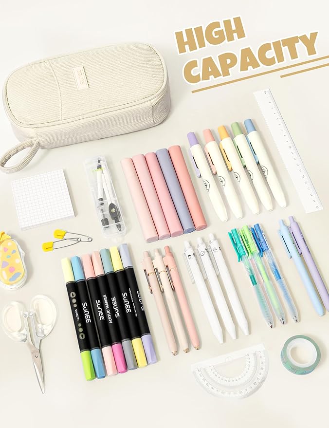 SUNEE Cute Pencil Case, Large Pencil Pouch, Aesthetic Big Pencil Bag with Zipper, Kawaii Stationery Storage and Organizer, School Supplies for Teen and Adult, Boys&Girls, Soft Corduroy Warm Beige