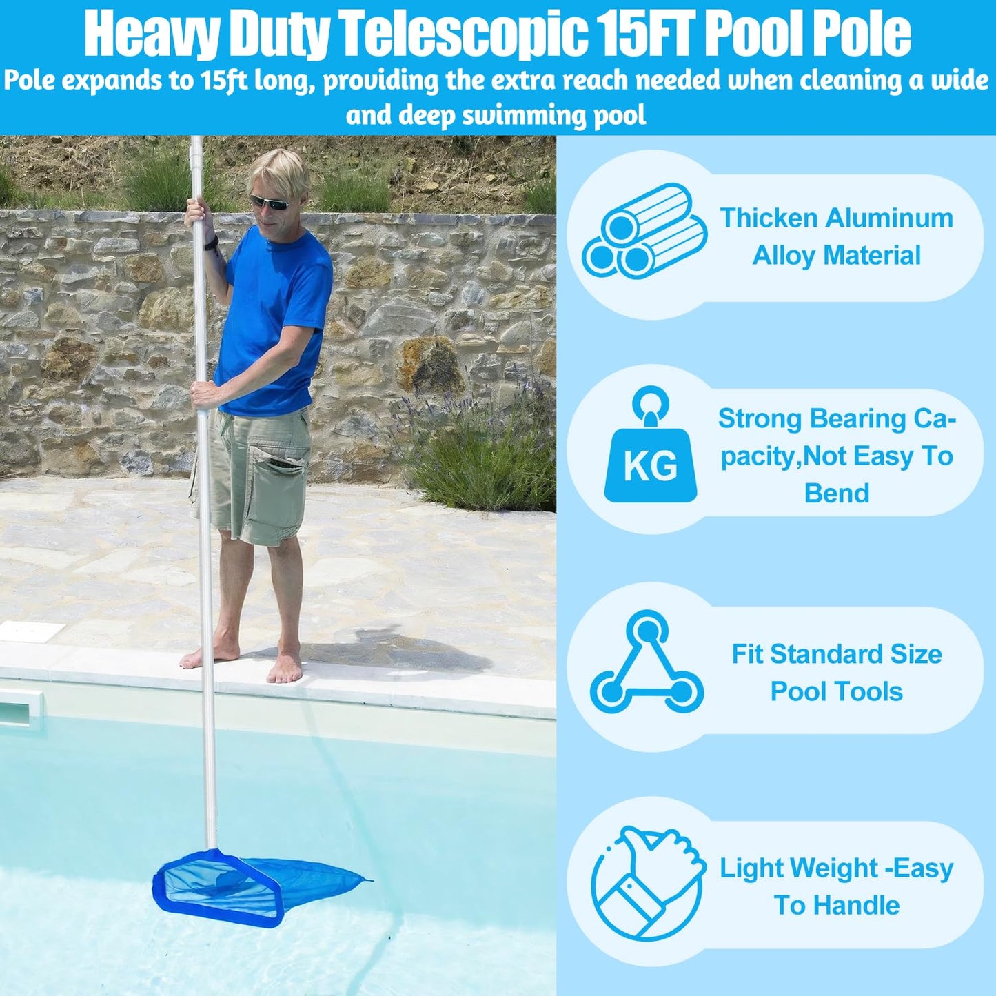YEECHUN Professional 15 Foot Swimming Pool Pole Telescopic Aluminum Fits Pool Net Skimmer Rake Vacuum Head Brush Cleaning Equipment Heavy Duty,for Skimmer Nets, Vacuum Heads and Brushes