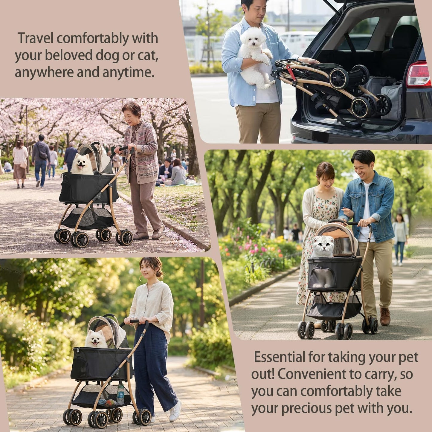 MILA&LOUIS Pet Stroller, 22" Pet Cradle for Small Dog, Dog Stroller with 4 Pu Wheels, 10Lbs Ultra-Light Dog&Cat Stroller for Small Pets, Max 22Lbs Capacity Detachable & Foldable Design with Cup Holder