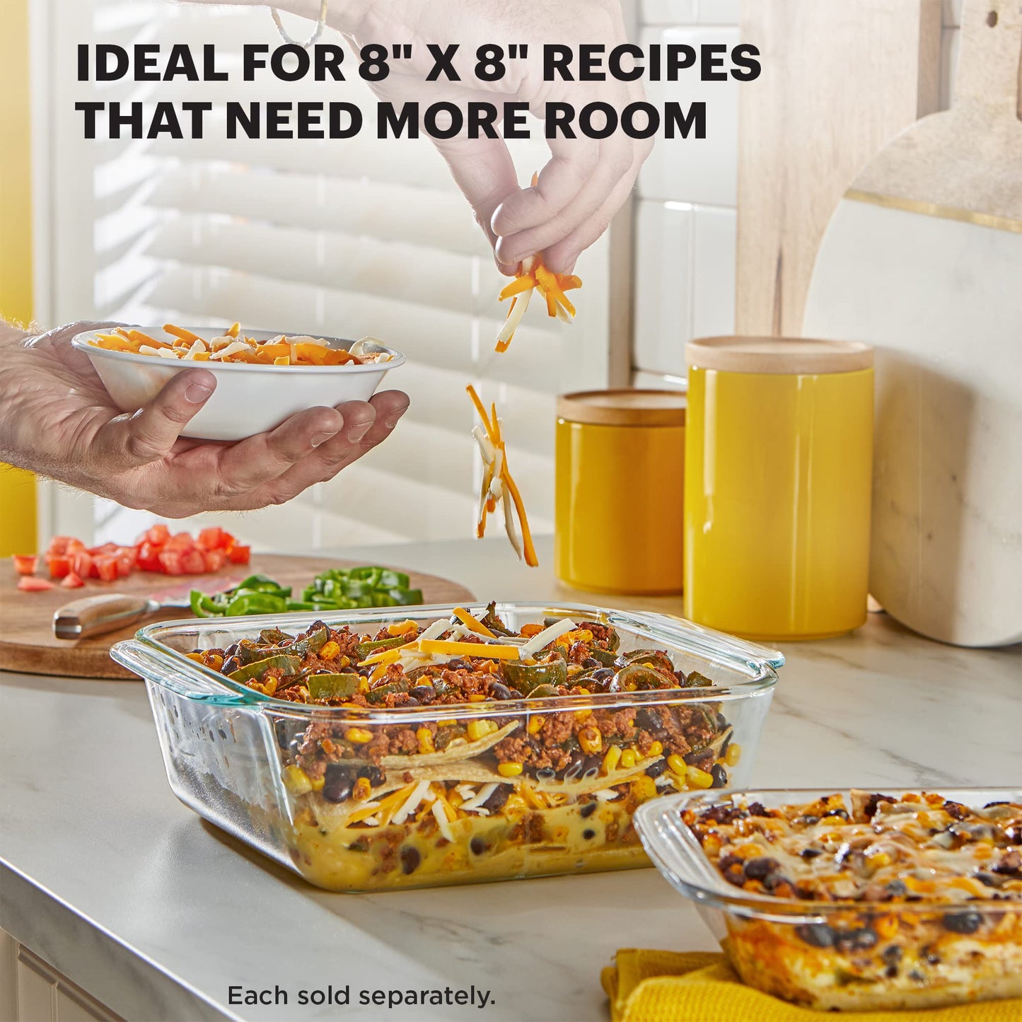Pyrex Deep Glass Baking Dish with Plastic Lid, Deep Casserole Dish, Glass Food Container, Oven, Freezer and Microwave Safe, Clear Container, 8x8