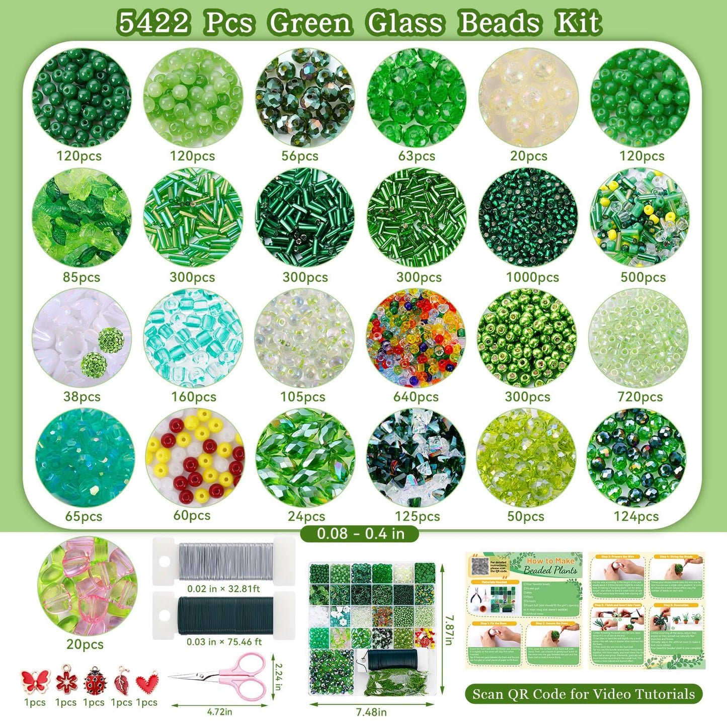 FOGWOWO 5422 Pcs Beaded Plant Kit Forever Plant Kit Green Glass Beads for Plant Making,Green Beads for Beaded Plants with Video Tutorials,Forever Plant Beads Leaf Bead for Jewelry Making DIY Craft