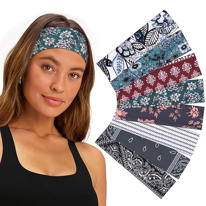 Ztomine 8 Pack Headbands for Women Non Slip - Stylish Sports Hair Bands for Women's Hair - Soft Cotton Cloth Stretchy Headbands for Women for Yoga, Outdoor Exercise Running