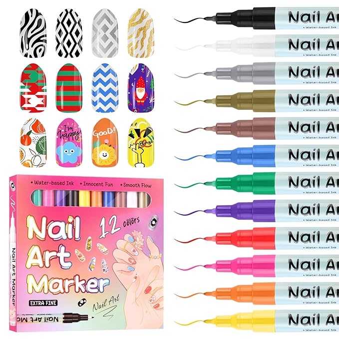 Kalolary 12 Color 0.5MM Nail Art Pens Set, 3D Nail Pens Nail Point Graffiti Dotting Pen Drawing Painting Liner Brush for DIY Nail Art Beauty Adorn Manicure Tools