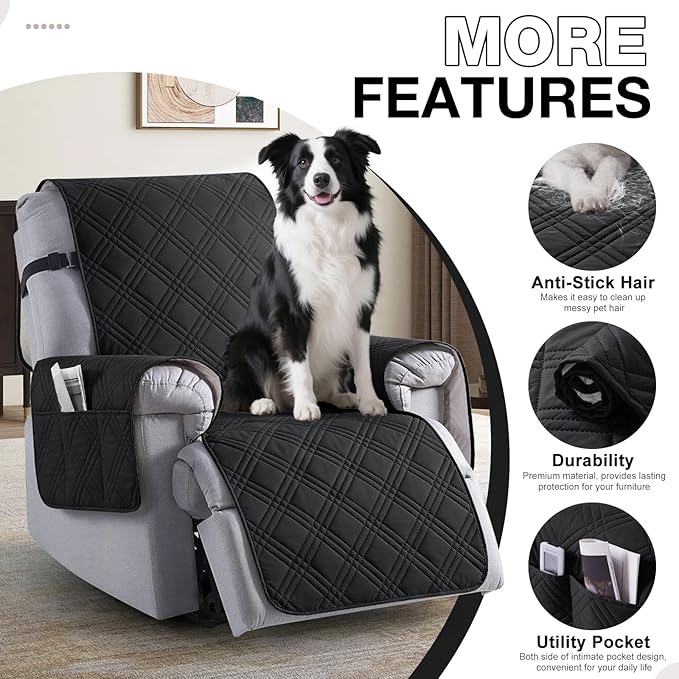 TAOCOCO 100% Waterproof Recliner Chair Covers, Non Slip Recliner Covers for Recliner Chair with Pocket, Washable Reclining Chair Cover Furniture Protector for Kids,Dogs(22'', Black)