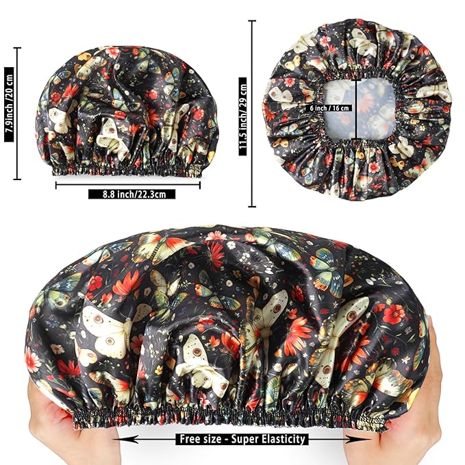 Shower Cap for Women,4 PCS Elastic and Reusable Bath Caps, Double Layers Shower Caps Reusable Waterproof, Bathing Shower Caps, Environmental Bath Hair Protection Cap - Butterfly B