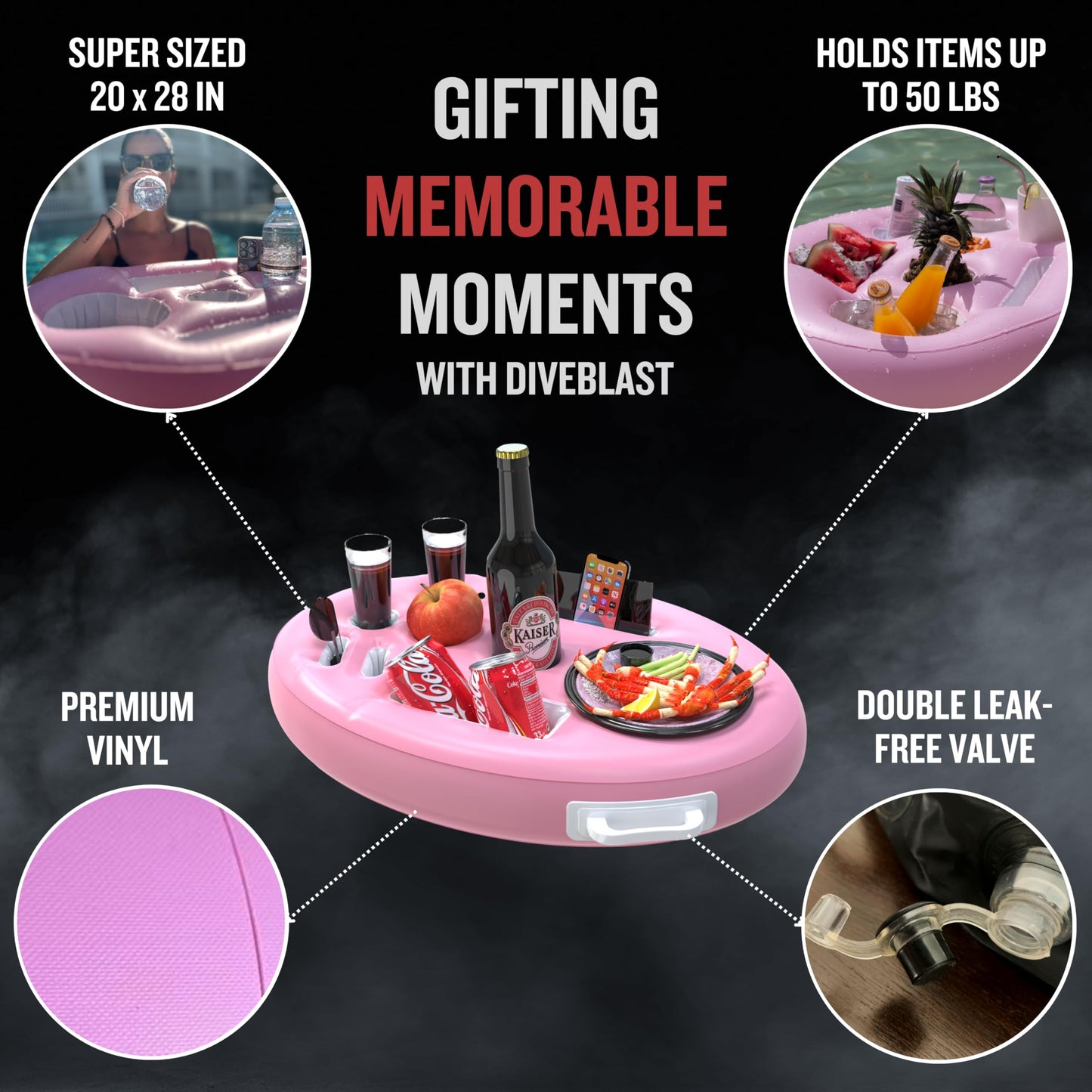 DIVEBLAST: Pink Floating Table for Pool - Hot Tub Accessories for Adults - Holds Up to 50 LBS - Pool Stuff for Mom, Cool and Unique Drink Floaties