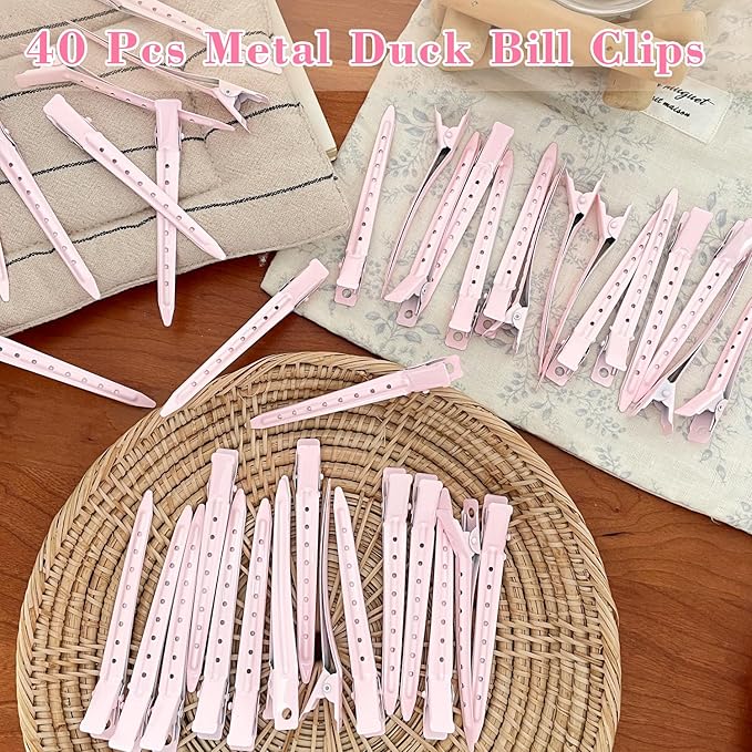 40 PCS 3.5 Inch Pink Duck Billed Clips,Metal Alligator Curl Hair Clips with Holes for Styling, Coloring, Thick Hair Rollers, Salon Use,Alligator Clips for Women for Thick Hair & Thin Hair,Pink