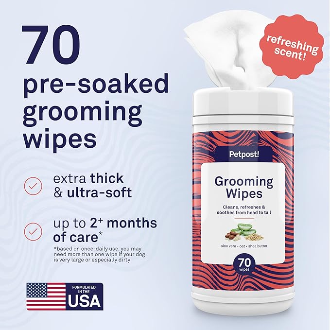 Petpost Large Grooming Wipes for Dogs | 70 Count Deodorizing Dog Cleaning Wipes with Coconut Extract & Aloe | Gentle Pet Wipes with Cherry Blossom Scent for Full-Body Grooming