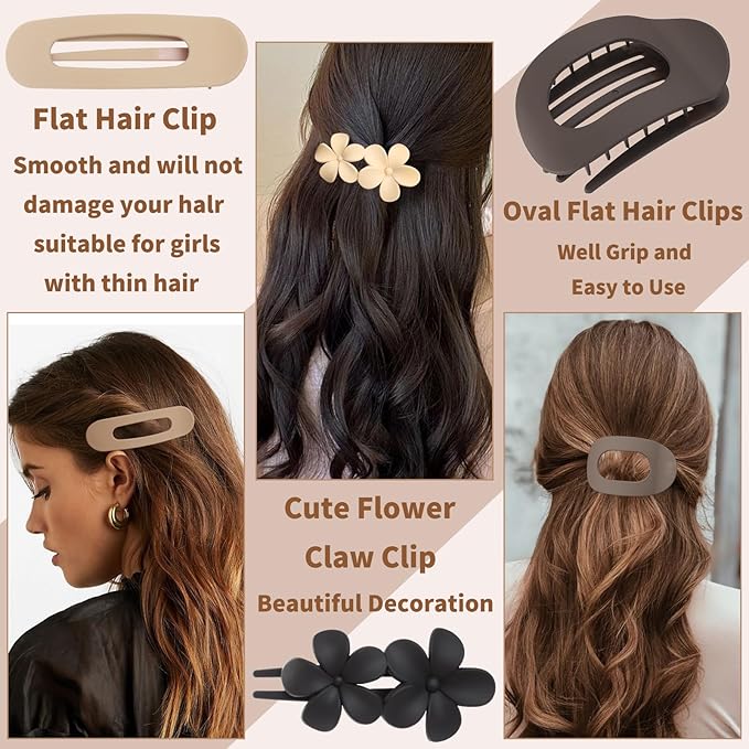 12 Pack Flat Hair Clips for Women-3 Styles Matte Neutral Flat Claw Clips, Black, Blonde,Light Brown & Dark Brown, French Duckbill Styling Accessories (Matte Neutral-5)