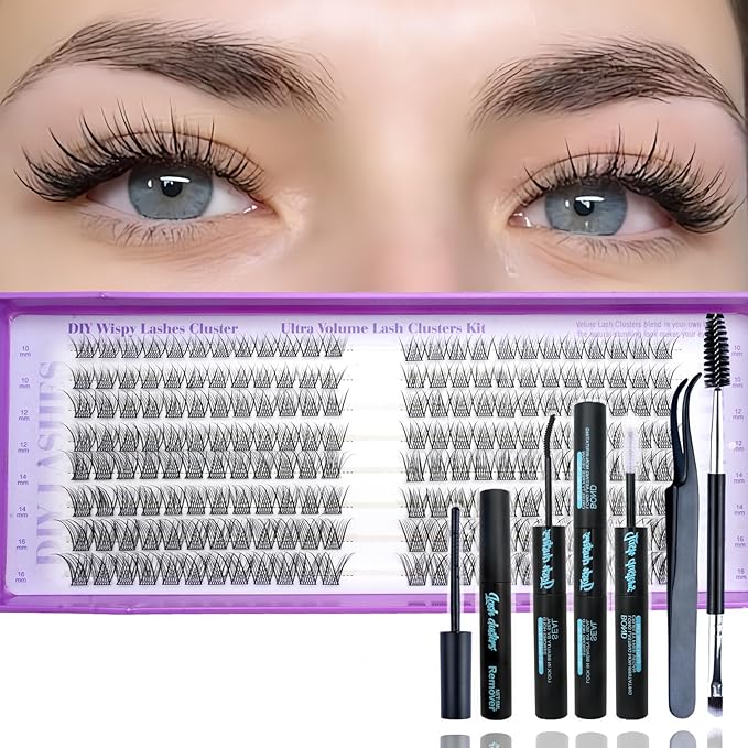 Wispy Lash Clusters Kit, Natural Lash Cluster Eyelash Extensions 192 Pcs C Curl 10-16mm Individual Fluffy False Eyelashes Thin Band DIY Kit for Beginners at Home with Bond Seal Remover Tweezers Brush