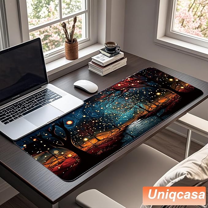 Gaming Mouse Pad 31.5x11.8 inch XL Large Extended Mouse Pad, Big Mousepad Desk Mat for Computer with Non-Slip Rubber Base and Stitched Edge-Starry Night Woods