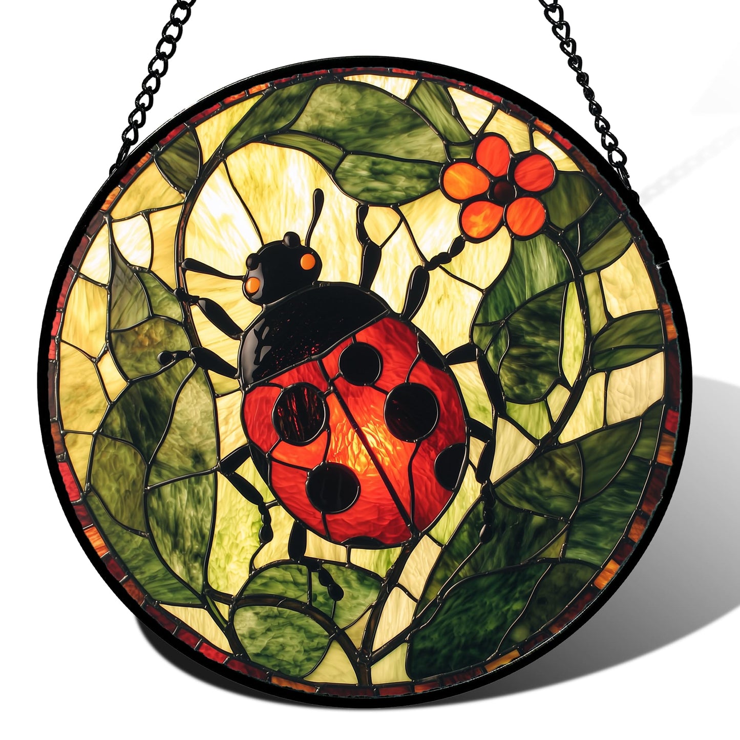 AMDERVEN Stained Glass Window Hanging - Red Ladybug Green Plant Flower Sun Catcher for Door Home Decor Insect Suncatcher Christmas Mother's Day Birthday Gifts for Women Men Mom Nana 6.3 in
