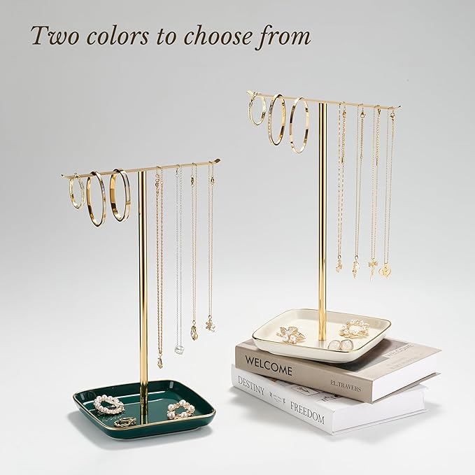 Jewelry Holder Stand with Ceramic Base: 12" Tall Necklace Organizer Rack, Tree Design Display Storage for Necklaces, Bracelets, Rings, Earrings, Aesthetic Room Décor for Girls and Women, Gold