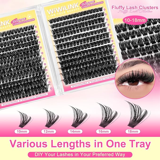 Fluffy Lash Clusters Kit 384Pcs, Wispy Volume (100D/200D) D-Curl Cluster Eyelash Extensions 10-18mm + Bond & Seal Glue + Tweezers - Reusable 15+ Times, Natural to Dramatic Volume