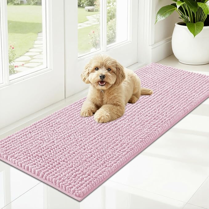 OLANLY Dog Door Mat for Muddy Paws 47x17, Ultra Absorbent Chenille Mud Doormat, Non-Slip Washable and Dirt Trapping Doormat for Indoor Entryway, Quick-Dry Indoor Pet Bed Mats for Dogs, Dusty Rose