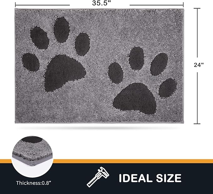 PURRUGS Dirt Trapping Door Mat 24" x 35.5", Non-Skid/Slip Machine Washable Microfiber Entryway Rug, Dog Doormat, Super Absorbent Welcome Mat for Muddy Wet Shoes and Paws, Grey