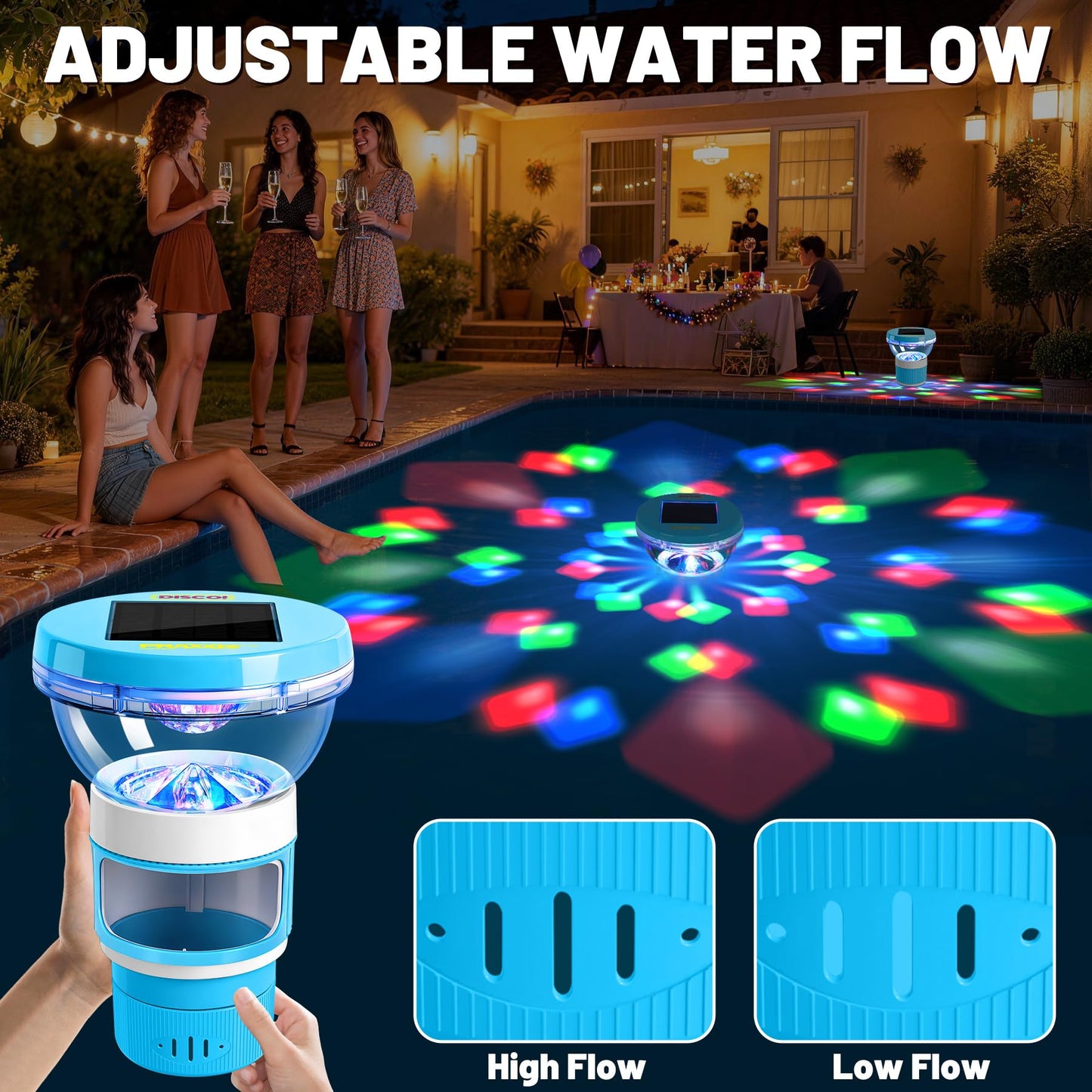 PRAXXIS Solar Chlorine Floater with Rotating Disco Light, Pool Chlorine Floater Adjustable Flow, Floating Chlorine Dispenser for Pool, Collapsible Chlorine Floater, Chlorine Floater for Hot Tub (Blue)