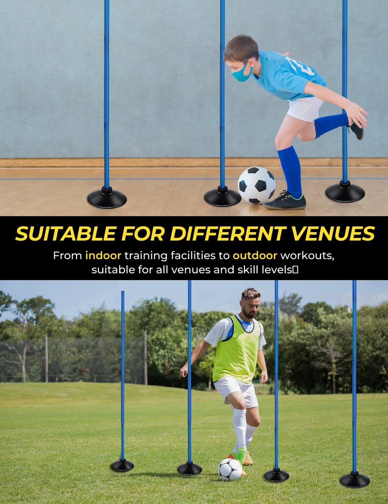SEAOTTER Soccer Agility Poles Set, 4 Pcs 6FT Adjustable Sports Trainning Speed Poles Slalom Poles with Rubber Base, Agility Training Equipment for Football, Rugby, Basketball, Indoor & Outdoor